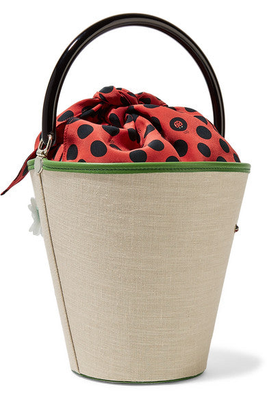 Charlotte Olympia Picnic leather-trimmed embellished linen bucket bag
