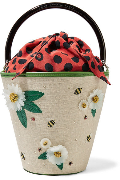 Charlotte Olympia Picnic leather-trimmed embellished linen bucket
