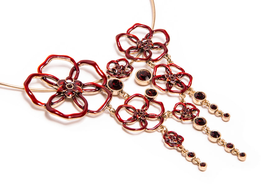 Capri Cascade Flowers Necklace in Red